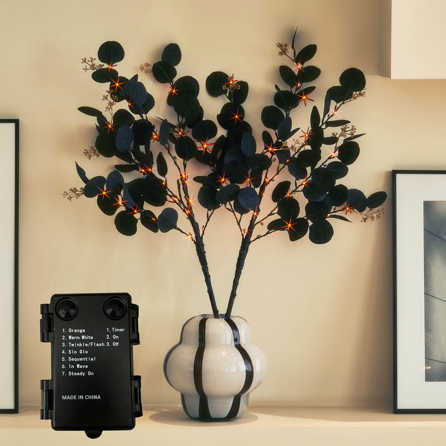 Hairui Lighted Black Eucalyptus Branches with Timer for Halloween Decoration