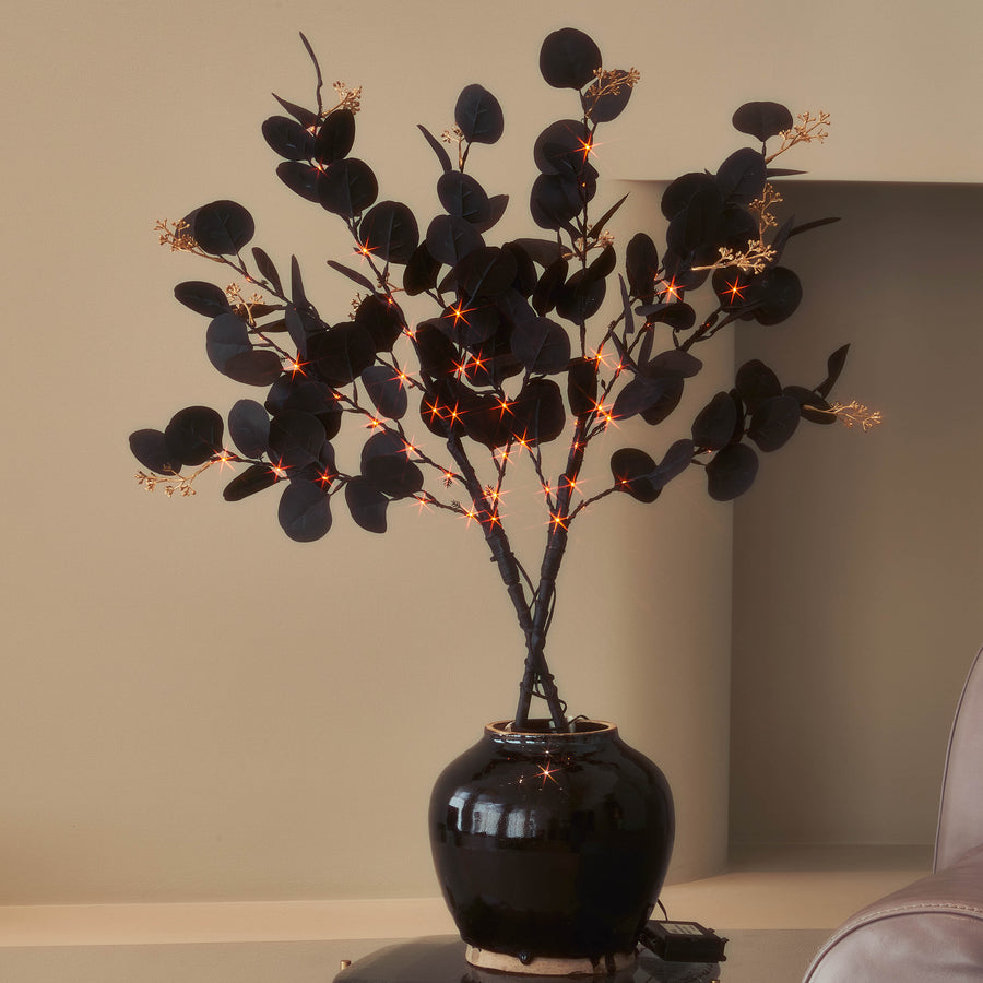 Hairui Lighted Black Eucalyptus Branches with Timer for Halloween Decoration